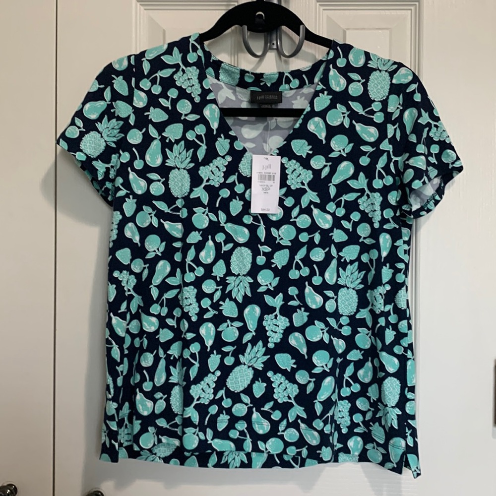 J Jill, petite xs, v neck shirt, navy and teal design